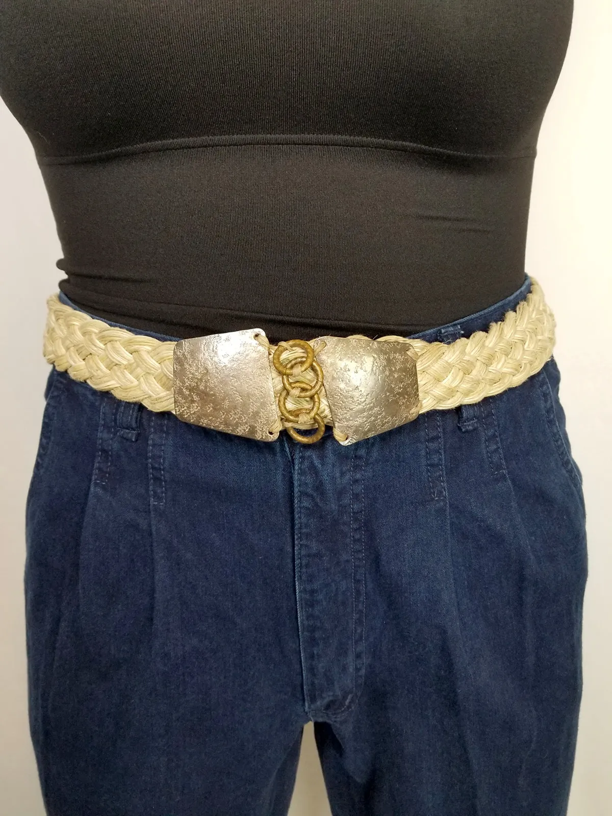 Vintage Marjorie Baer Beige Braided Hammered Metal Belt