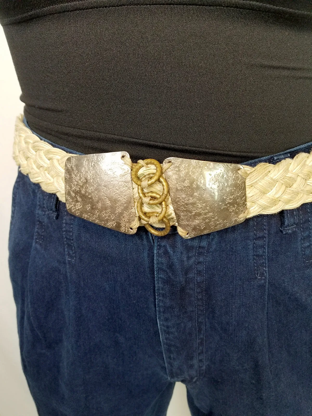 Vintage Marjorie Baer Beige Braided Hammered Metal Belt