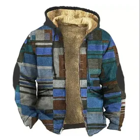 Vintage Men's Zip Up Hoodies Color Block Graphic Print Casual Winter Warm Clothing Sweatshirt Pullover Hooded Jacket Street wear