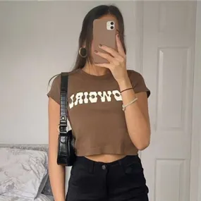 Vintage Printed Cotton Crop Top with Letter Design