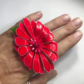 Vintage Red Enamel Flower Statement Ring. Upcycled Brooch Ring. Recycled Jewelry.