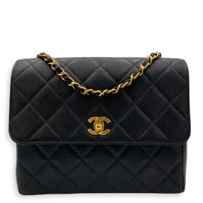 Vintage Square Flap Black Crossbody Bag in Caviar Leather, Gold hardware