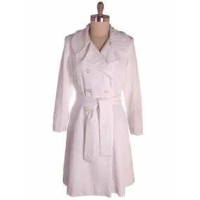 Vintage Textured White Poly Knit Trench Coat 1970s 44-42-52