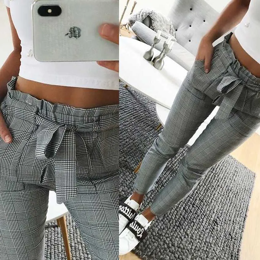 Vintage Tie Waist Grey Checked Skinny Trousers Paparbag Pants