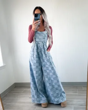 Vintage Vibes Checkered Wide Leg Overalls - Denim