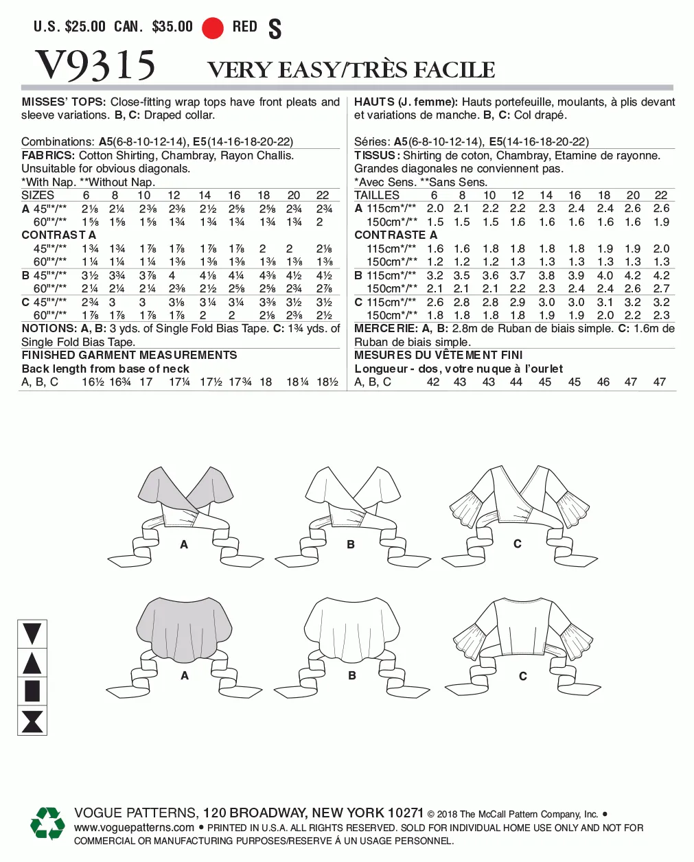 Vogue Pattern V9315 Misses' Top