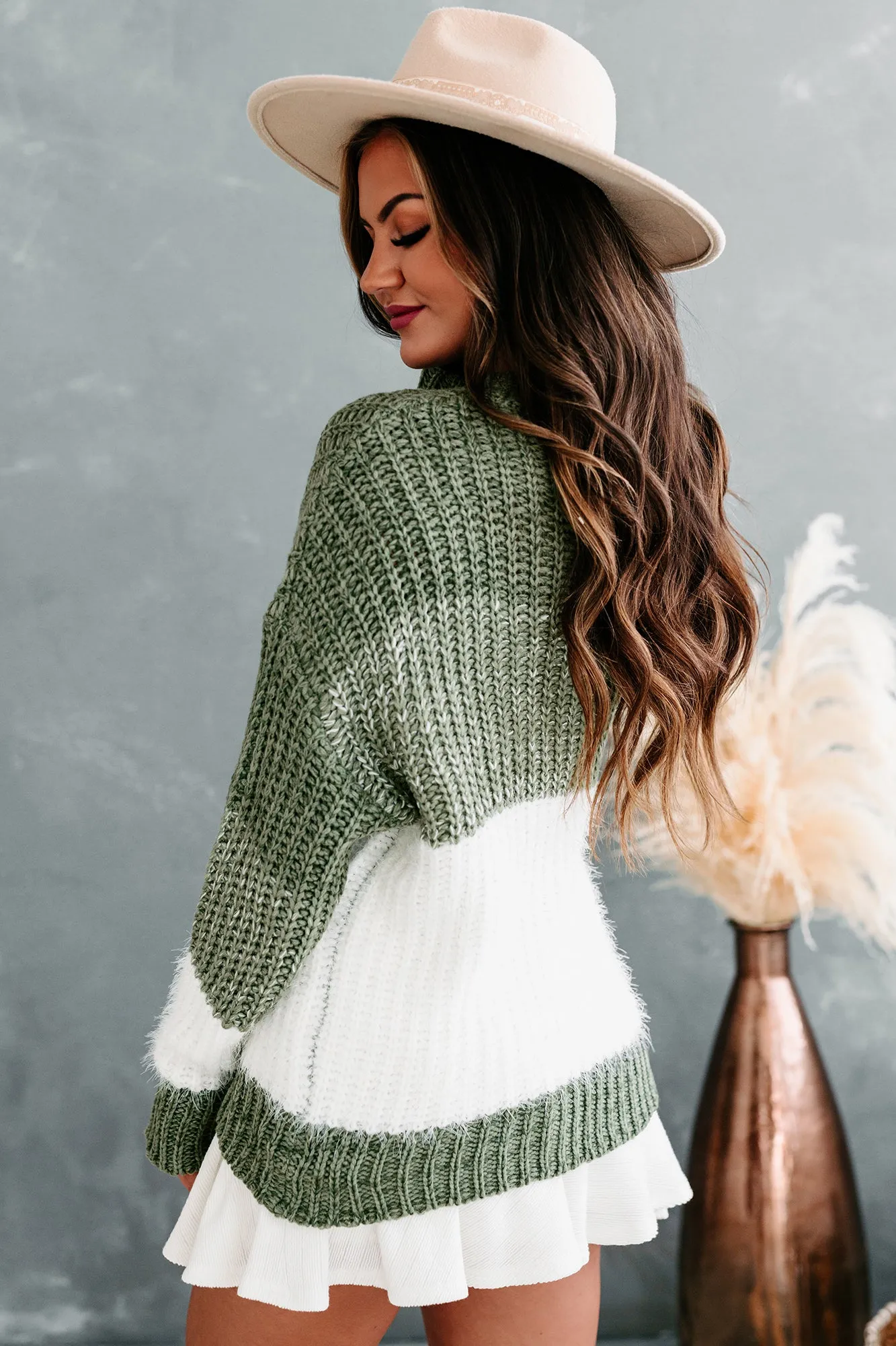 Want For Nothing Fuzzy Color Block Sweater (Olive)