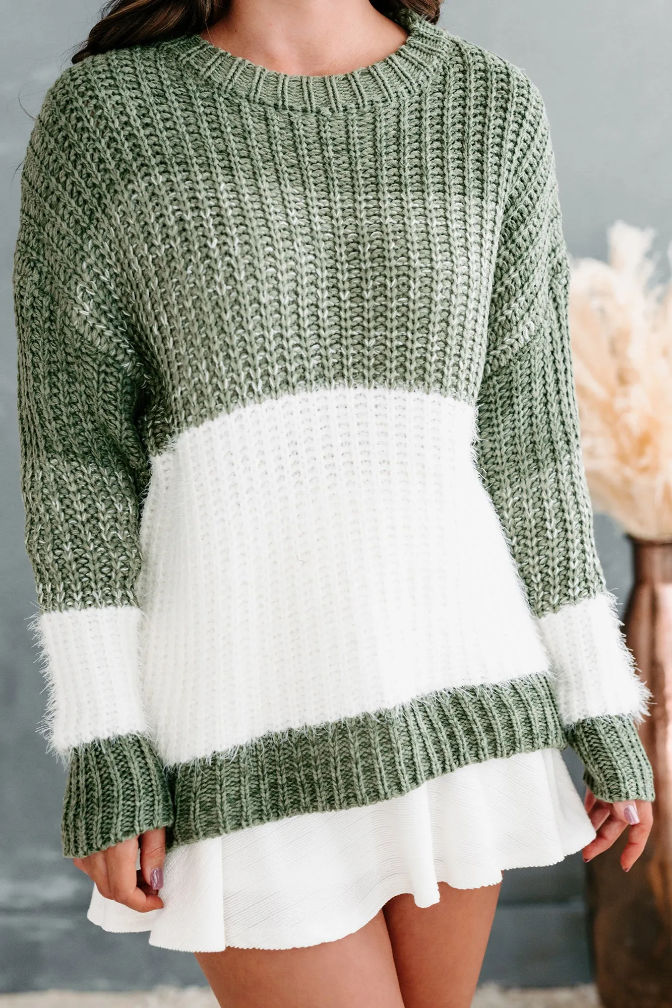 Want For Nothing Fuzzy Color Block Sweater (Olive)