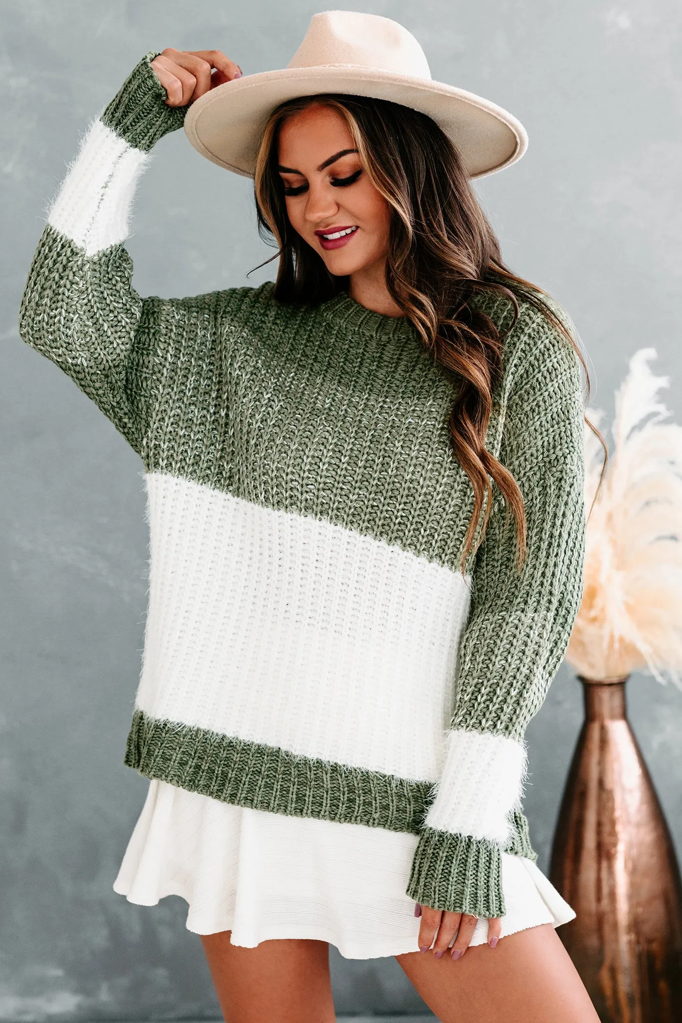 Want For Nothing Fuzzy Color Block Sweater (Olive)
