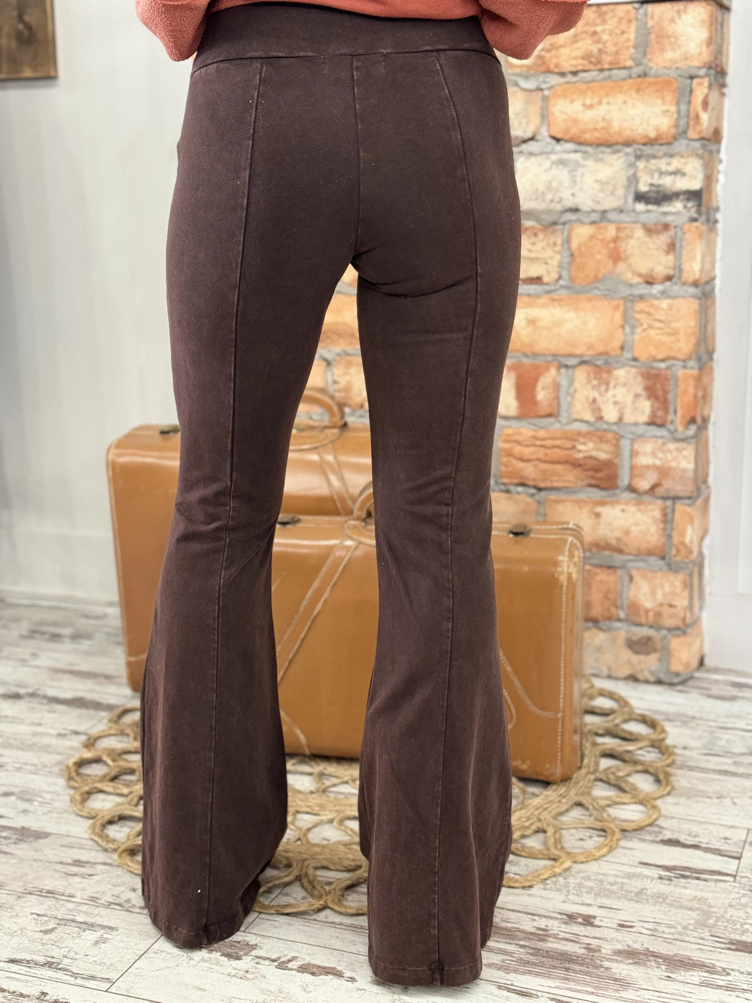 Washed Bell Bottom Front Seam Flare Pants in Brown