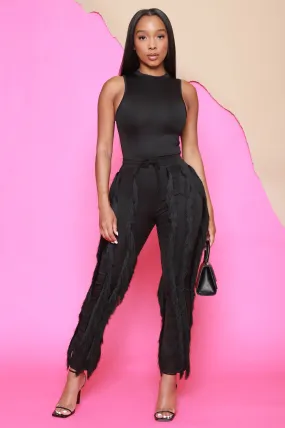 Weightless Sleeveless Fringe Pants Set - Black