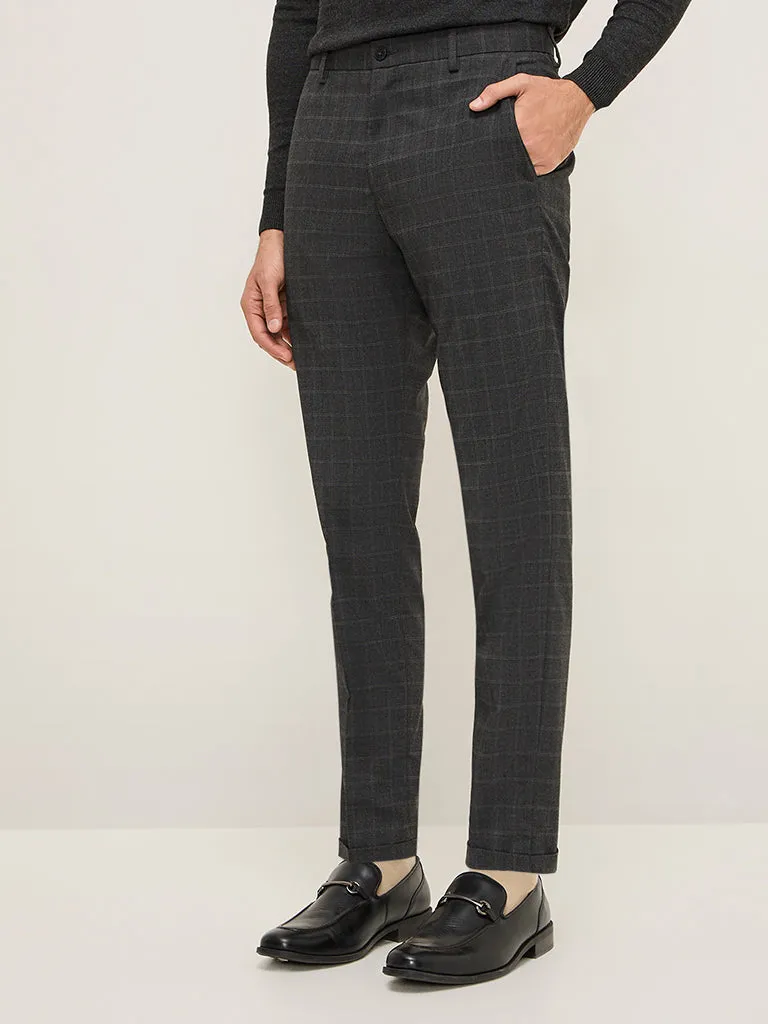 WES Formals Charcoal Checkered Carrot-Fit Mid-Rise Trousers