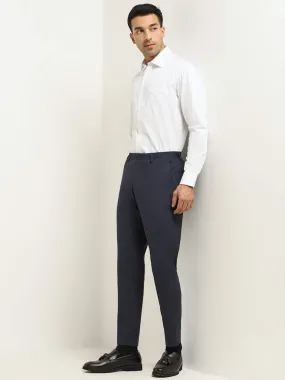 WES Formals Navy Self-Patterned Slim Fit Trousers