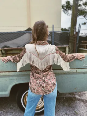 Whiskey Lullaby Satin Paisley Floral Print Fringe Sleeve Pearl Snap Button Up Blouse (DS)