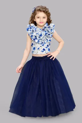 White & Blue  Floral Top with Tulle Skirt