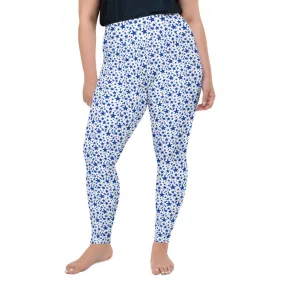 White Blue Star Print Tights, Best Star Pattern Print Women's Designer Plus Size Leggings Tights- Made in USA/EU