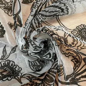 White Flocked Floral Print Mesh Fabric
