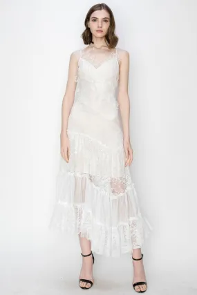 White Floral Lace Sleeveless asymmetric Midi Dress