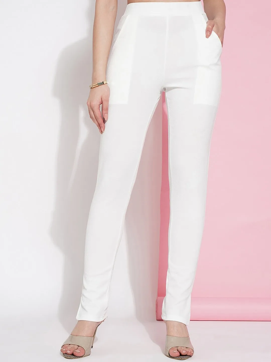 White Mid-Rise Slim Fit Knitted Trouser with Zip Fly