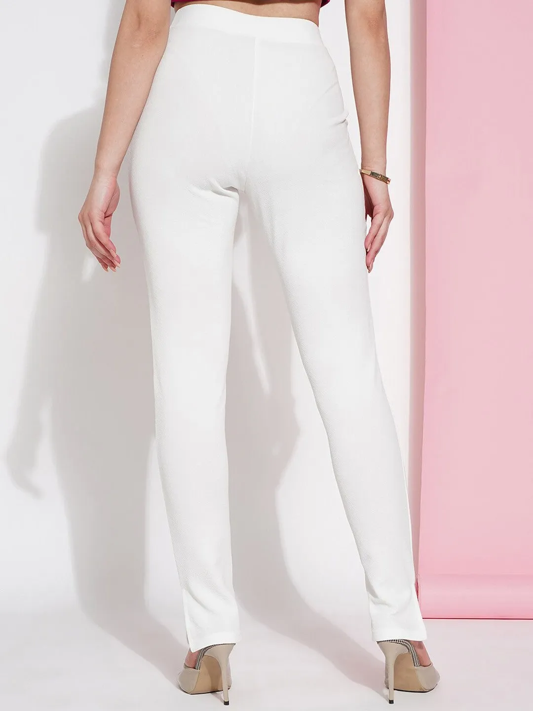White Mid-Rise Slim Fit Knitted Trouser with Zip Fly