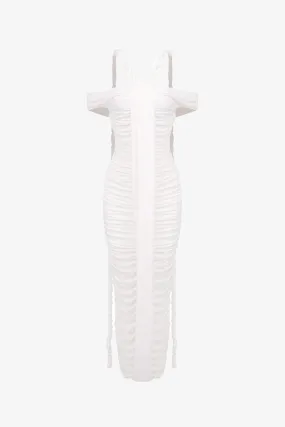 White Off The Shoulder Ruched Maxi Dress