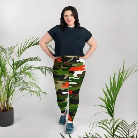 White Orange Green Camo Tights, Military Print Women's Tights Plus Size Leggings - Made in USA/MX/EU