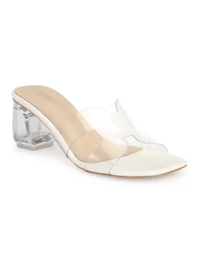 White Patent Perspex Block Heel Mules