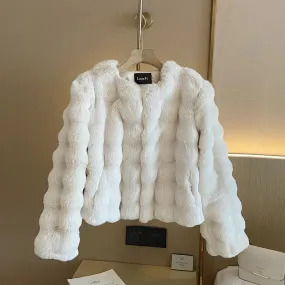 White  Plush Fur Coat Collarless