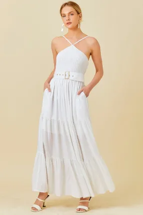White Smocked Halter Maxi Dress With Belt