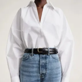 White V-Neck Batwing Blouse with Buttons for Spring