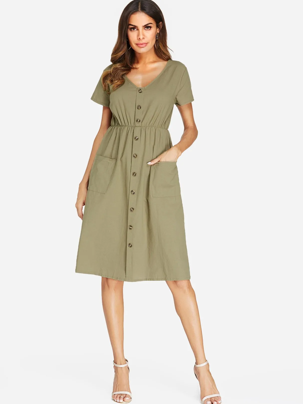 Wholesale Army Green V-Neck Short Sleeve Plain Side Pockets Dresses
