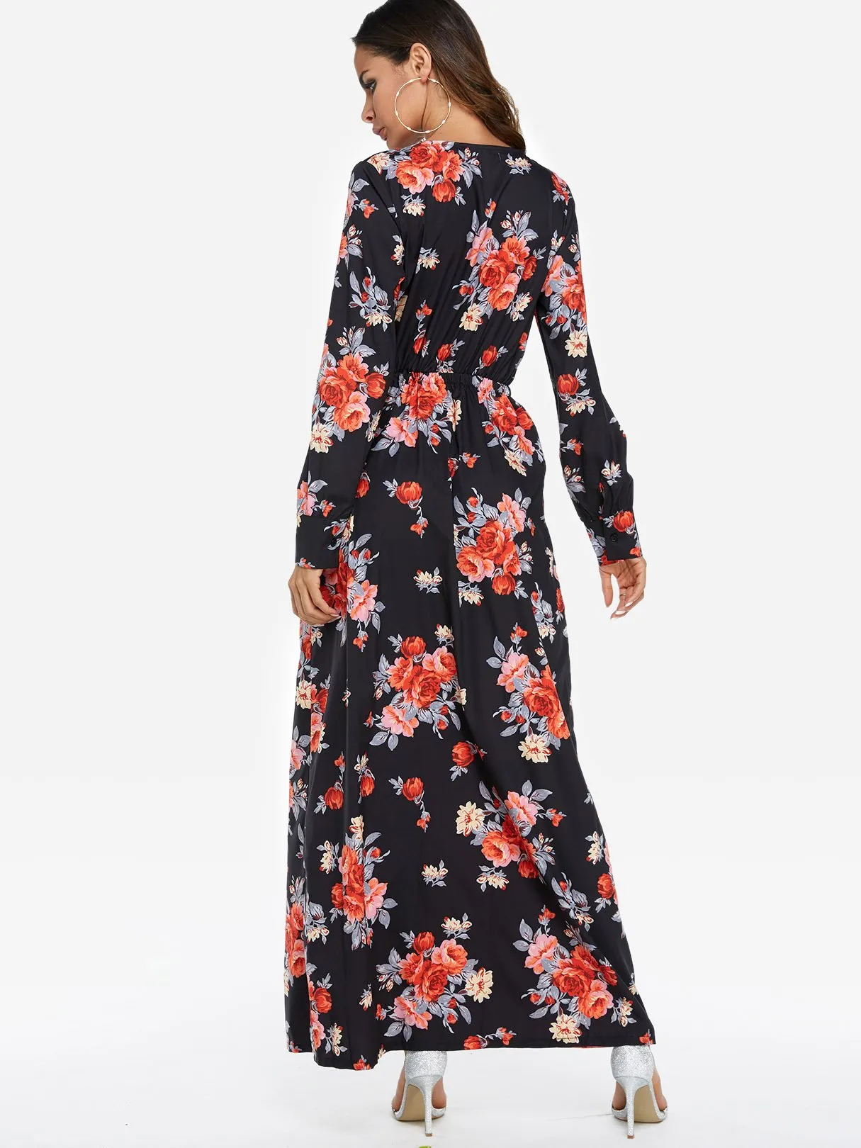 Wholesale Black Deep V Neck Long Sleeve Floral Print Wrap Slit Hem Maxi Dress