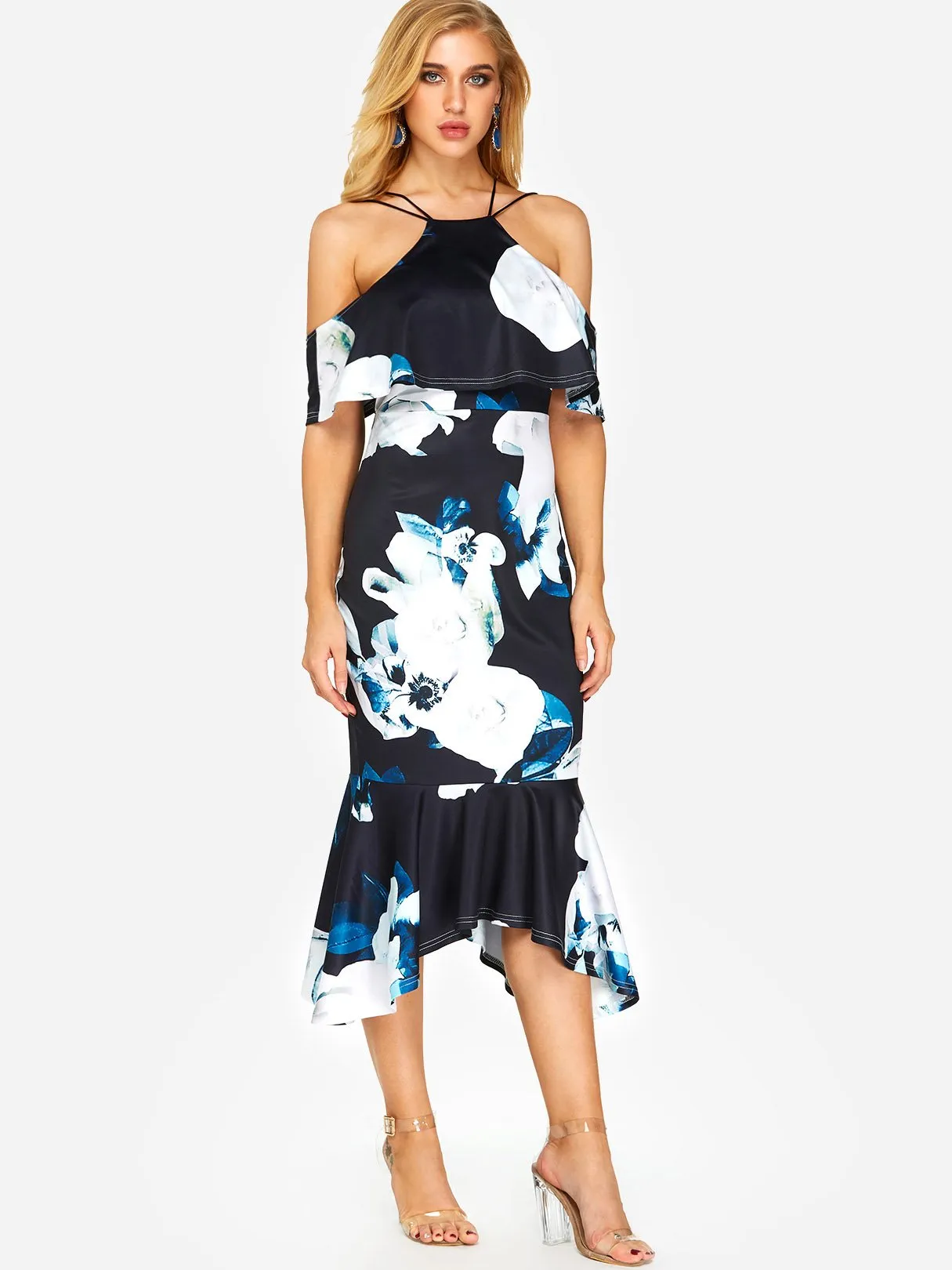 Wholesale Black Halter Cold Shoulder Short Sleeve Floral Print Zip Back Backless Flounced Hem Dresses