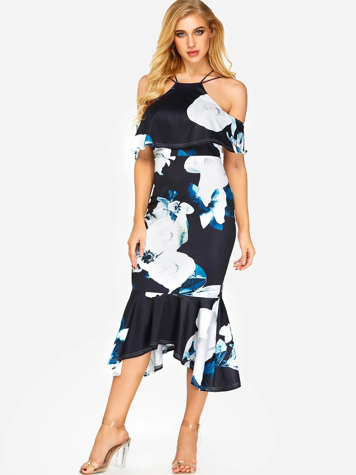 Wholesale Black Halter Cold Shoulder Short Sleeve Floral Print Zip Back Backless Flounced Hem Dresses