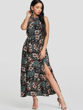 Wholesale Black Halter Sleeveless Floral Print Slit Hem Dresses