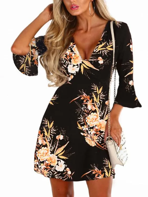 Wholesale Black V-Neck Crossed Collar 3/4 Sleeve Length Floral Print Zip Back Wrap Dresses