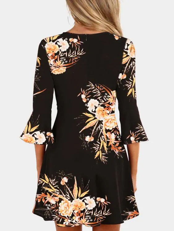 Wholesale Black V-Neck Crossed Collar 3/4 Sleeve Length Floral Print Zip Back Wrap Dresses