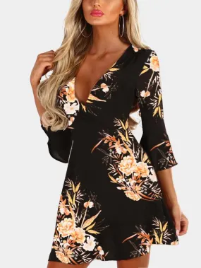 Wholesale Black V-Neck Crossed Collar 3/4 Sleeve Length Floral Print Zip Back Wrap Dresses