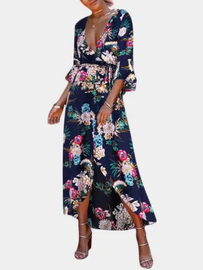 Wholesale Blue Deep V Neck 3/4 Length Sleeve Floral Print Lace-Up Slit Hem Dresses