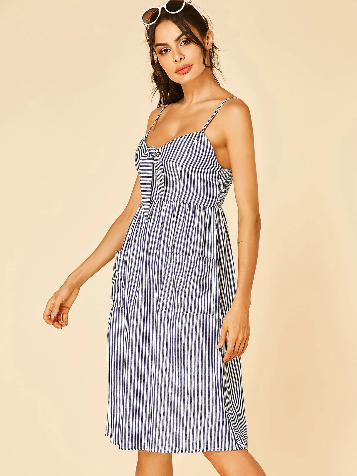 Wholesale Blue V-Neck Sleeveless Stripe Backless High-Waisted Midi Dresses