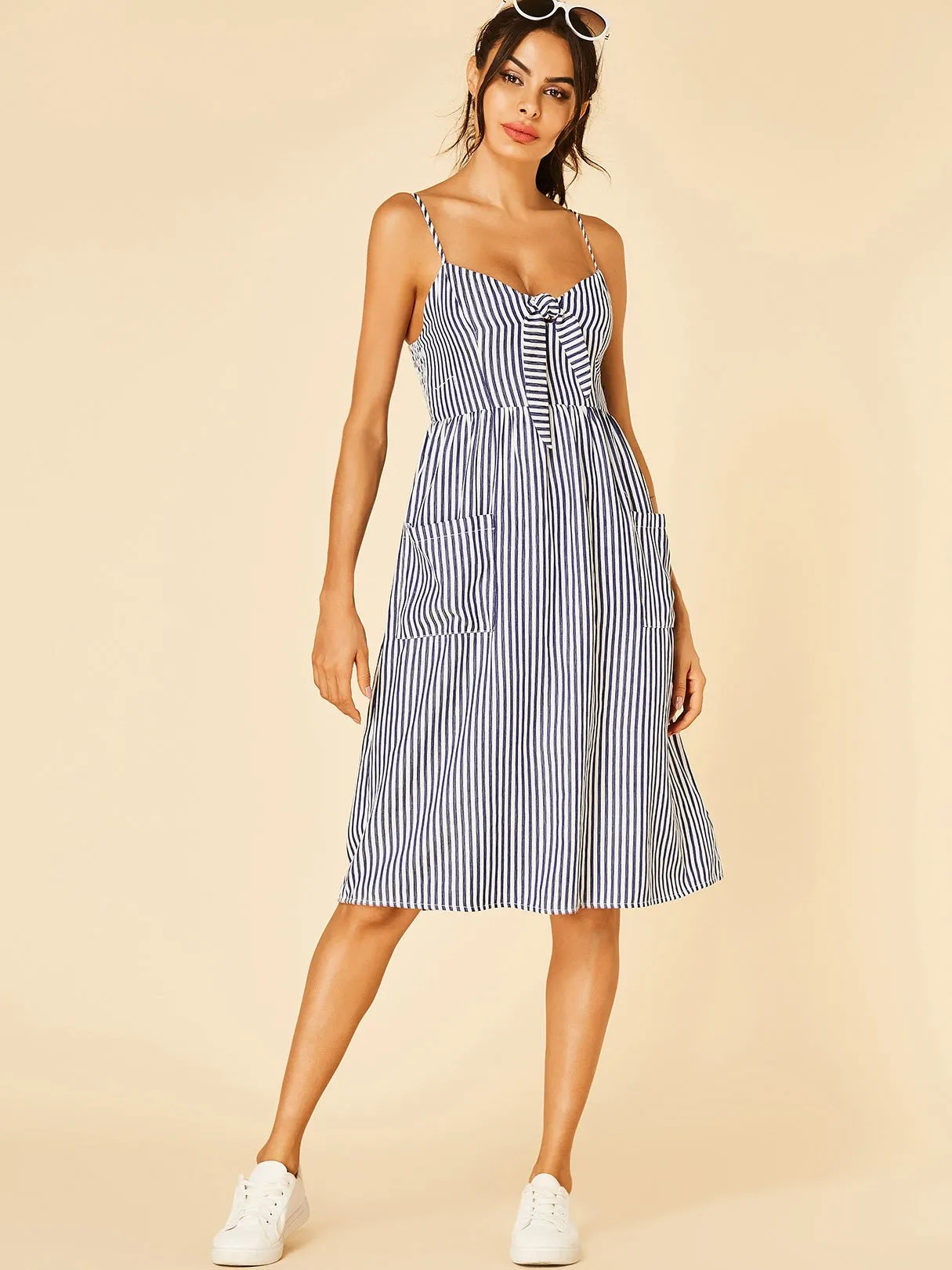 Wholesale Blue V-Neck Sleeveless Stripe Backless High-Waisted Midi Dresses
