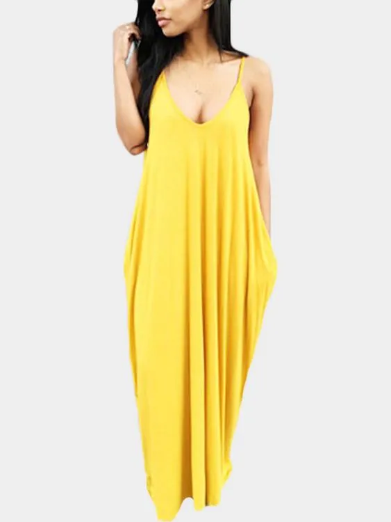Wholesale Casual V-Neck Sleeveless Side Pockets Maxi Dresses