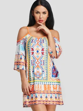 Wholesale Cold Shoulder Half Sleeve Tribal Print Spaghetti Strap Casual Dresses
