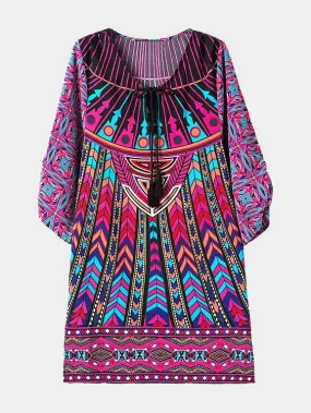 Wholesale Crew Neck Geometrical 3/4 Length Sleeve Slit Hem Midi Dress