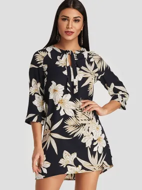 Wholesale Dark Blue Round Neck 3/4 Length Sleeve Floral Print Dresses