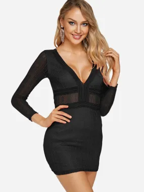 Wholesale Deep V Neck Long Sleeve Lace See Through Bodycon Hem Black Sexy Dresses