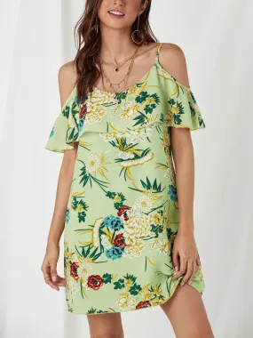 Wholesale Green Cold Shoulder Sleeveless Floral Print Spaghetti Strap Dresses