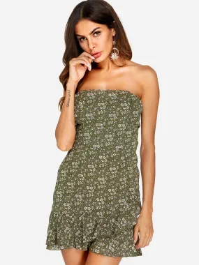 Wholesale Green Strapless Sleeveless Floral Print Backless Self-Tie Flounced Hem Dresses