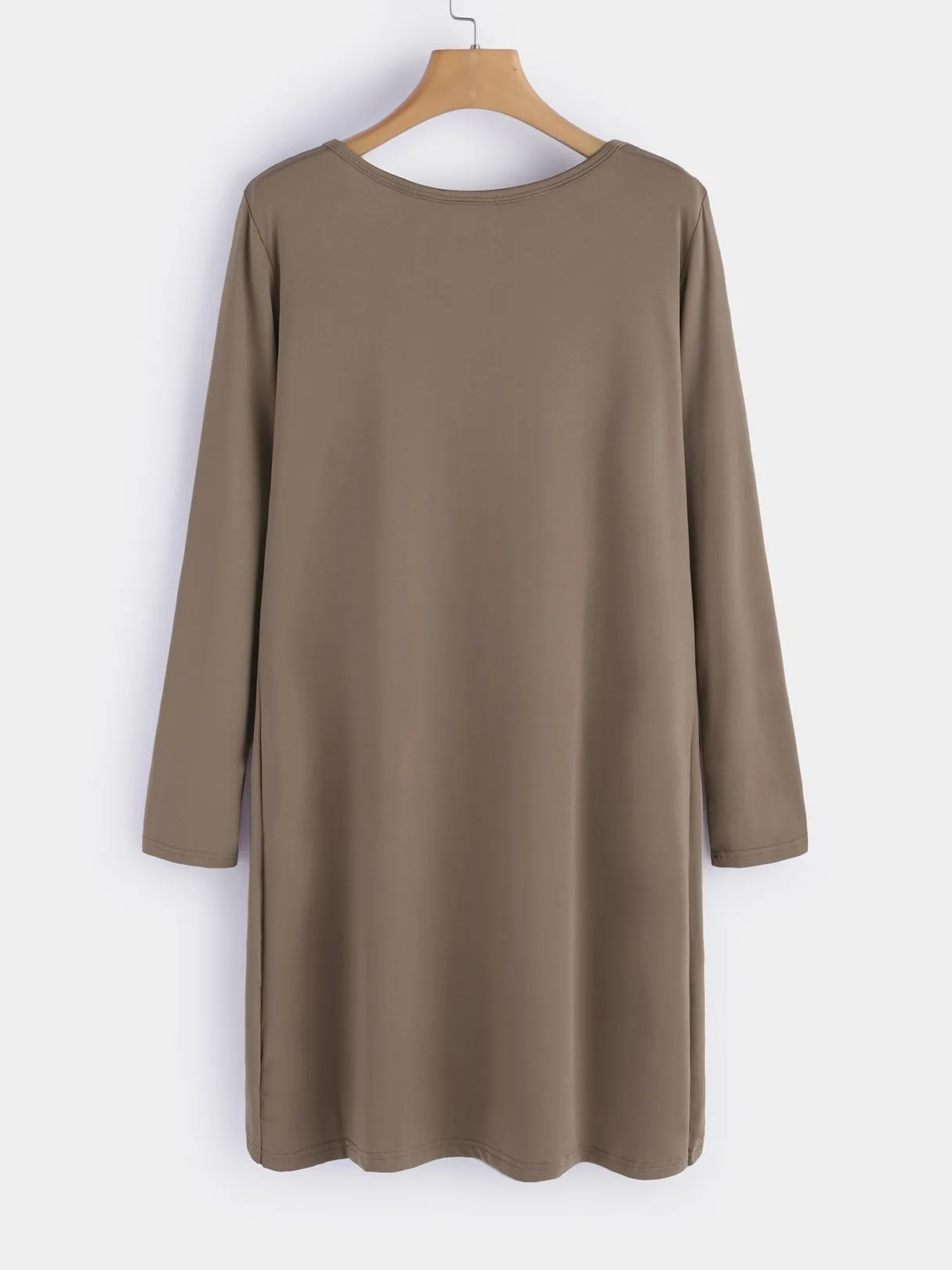 Wholesale Khaki Round Neck Long Sleeve Plain Crossed Front Midi Dress