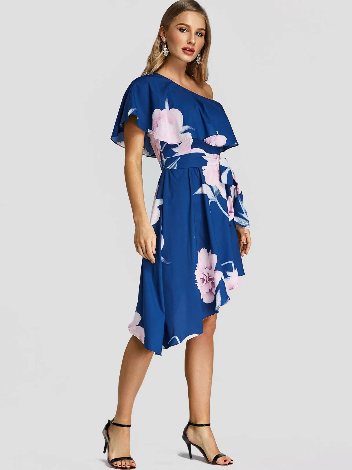 Wholesale Navy One Shoulder Floral Print Tiered Belt Irregular Hem Dresses